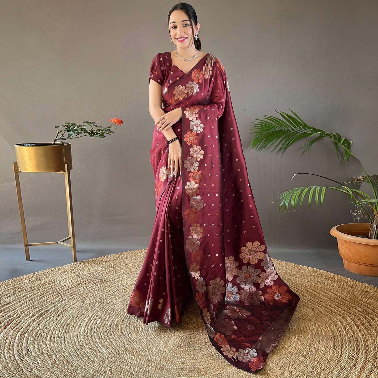 Flower pattern Soft silk Saree