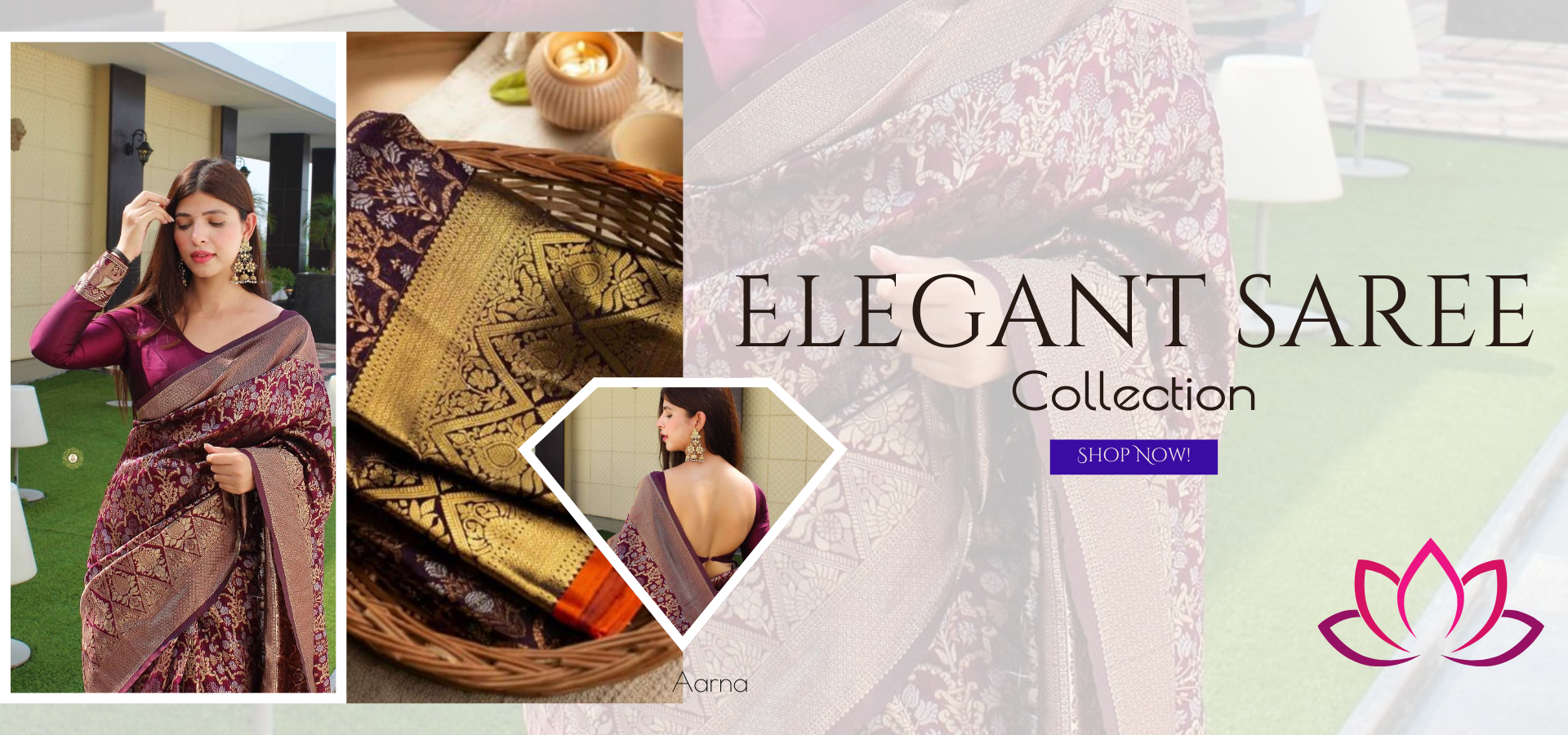 Advertisement for an elegant saree collection with a woman in a saree, saree fabric, and promotional text.1621243260e1af0c20-0