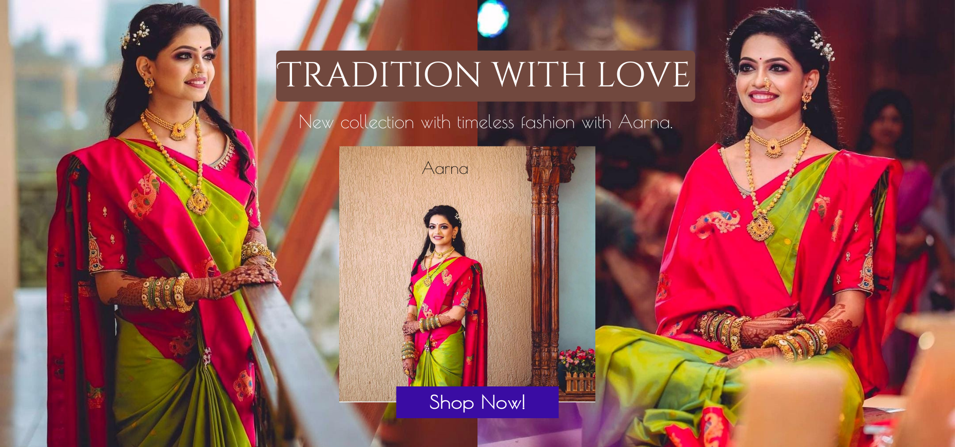 Woman in a red and green saree with 'Aarma' branding, promotional text for a new collection.slider_item_eXWkQ4