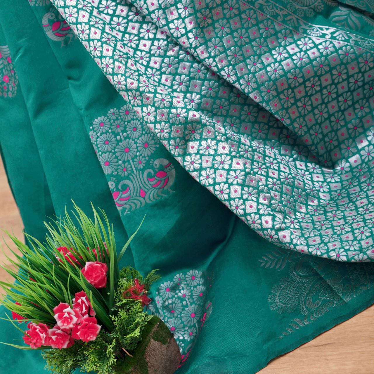 Silver peacock Banarasi Silk Saree
